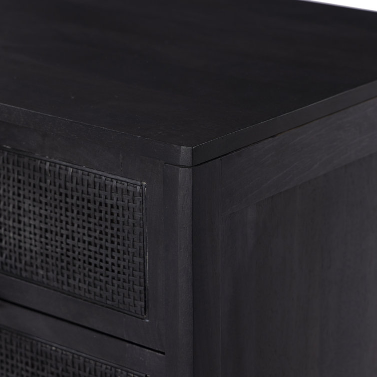 Black Mango Wood and Cane 3-Drawer Nightstand