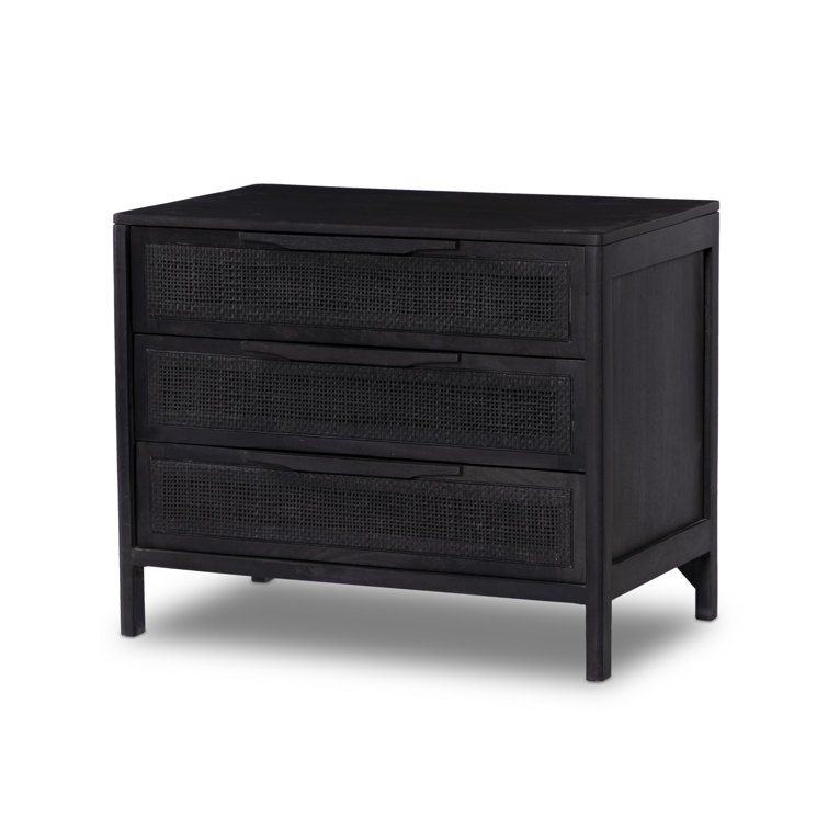 Black Mango Wood and Cane 3-Drawer Nightstand