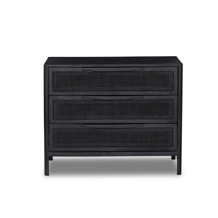 Black Mango Wood and Cane 3-Drawer Nightstand
