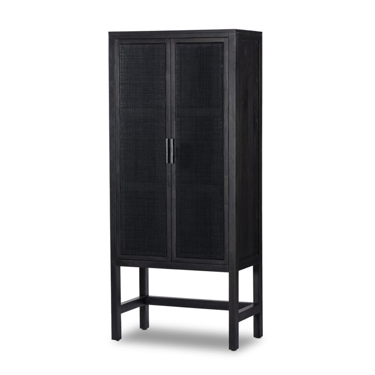 Black Solid Mango and Cane Narrow Cabinet with Adjustable Shelving