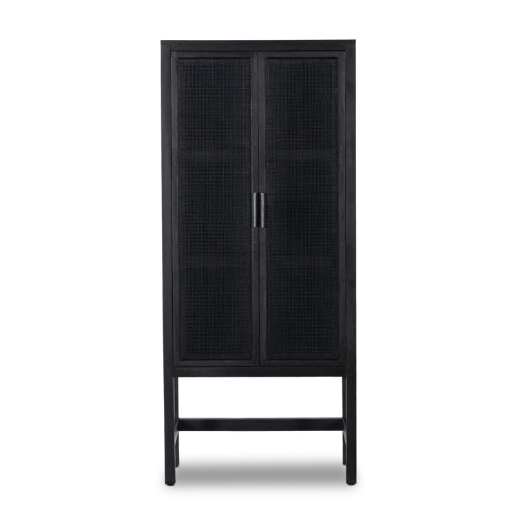 Black Solid Mango and Cane Narrow Cabinet with Adjustable Shelving