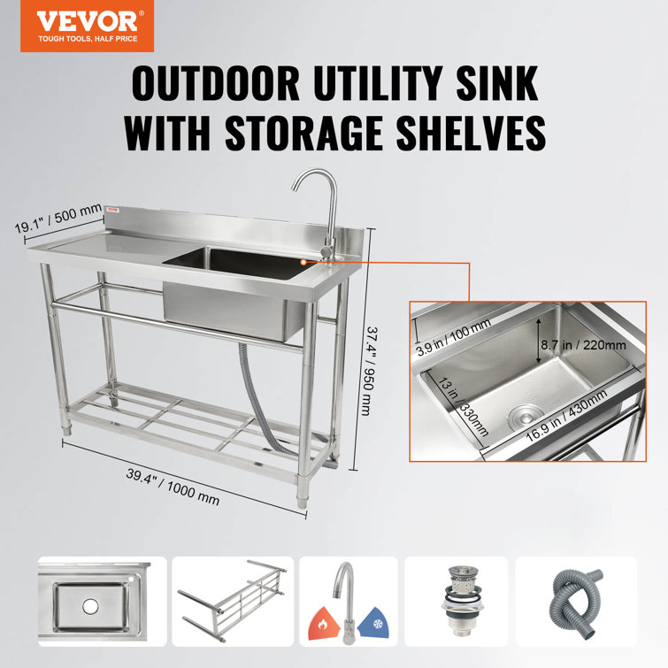 Stainless Steel Freestanding Utility Sink with Faucet and Workbench