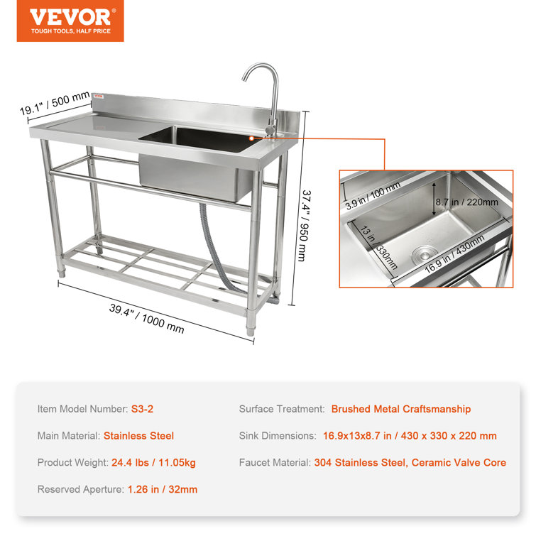 Stainless Steel Freestanding Utility Sink with Faucet and Workbench