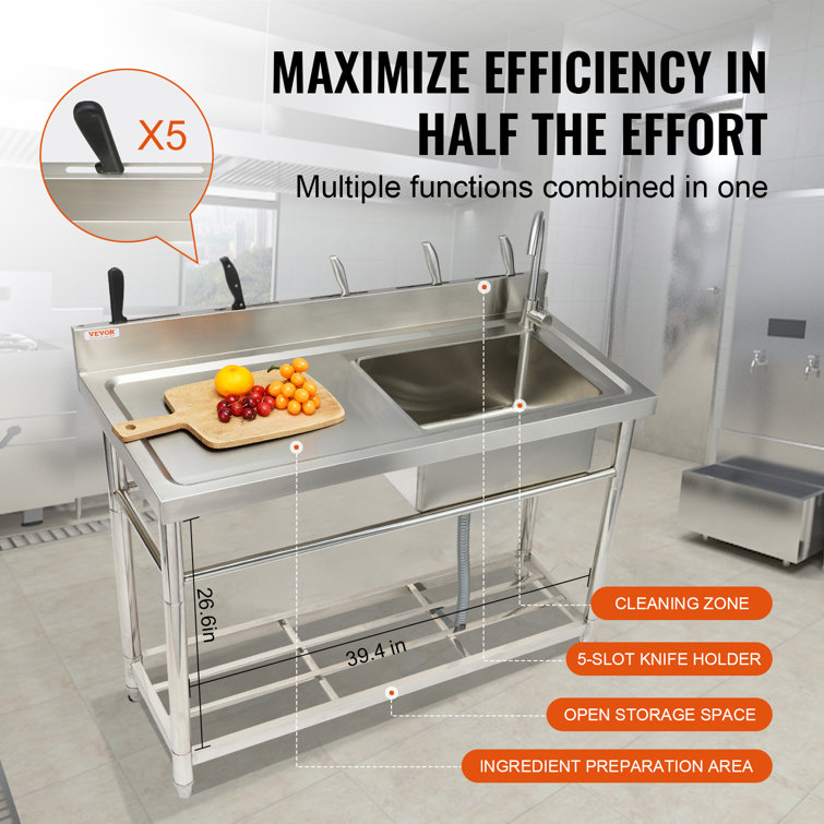Stainless Steel Freestanding Utility Sink with Faucet and Workbench
