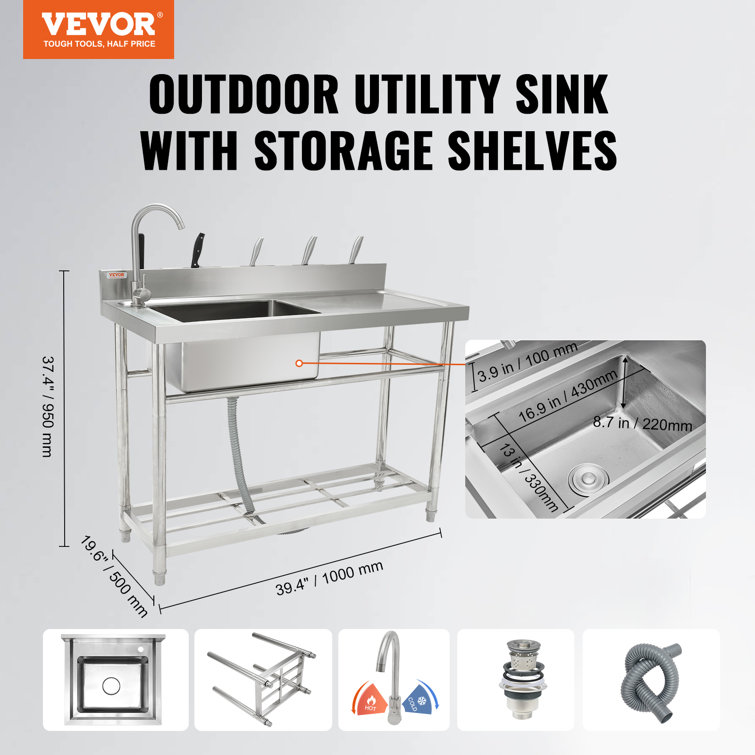 Stainless Steel Utility Sink with Faucet and Workbench