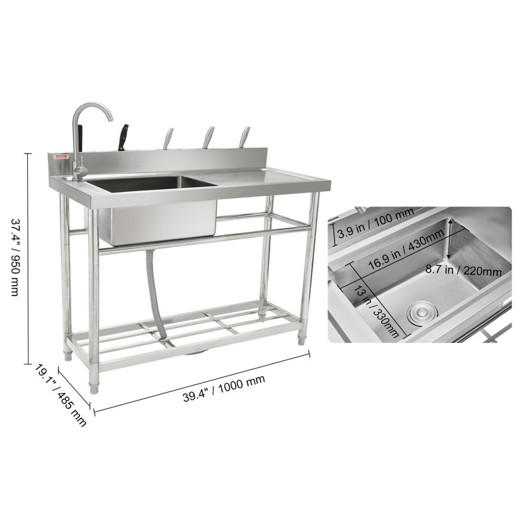 Stainless Steel Utility Sink with Faucet and Workbench