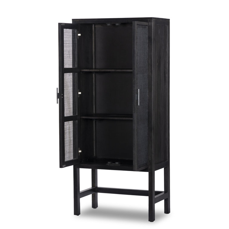 Black Solid Mango and Cane Narrow Cabinet with Adjustable Shelving