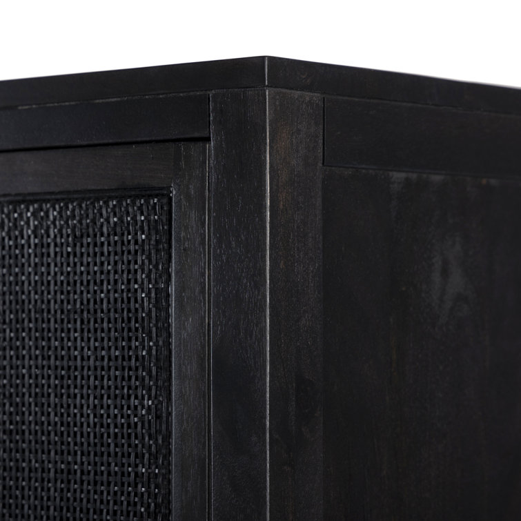Black Solid Mango and Cane Narrow Cabinet with Adjustable Shelving
