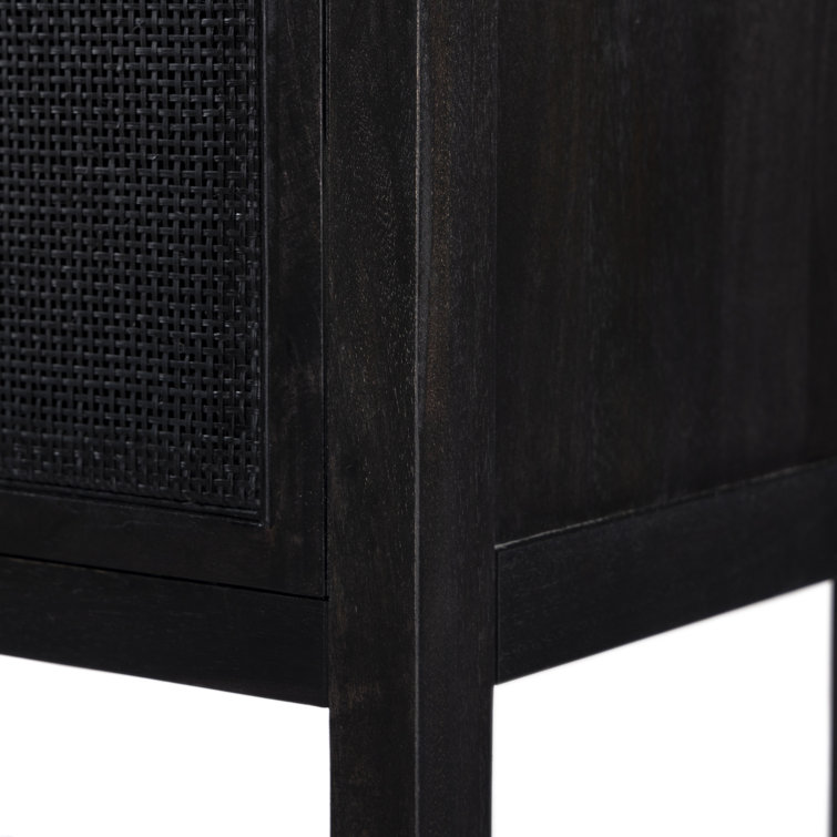 Black Solid Mango and Cane Narrow Cabinet with Adjustable Shelving