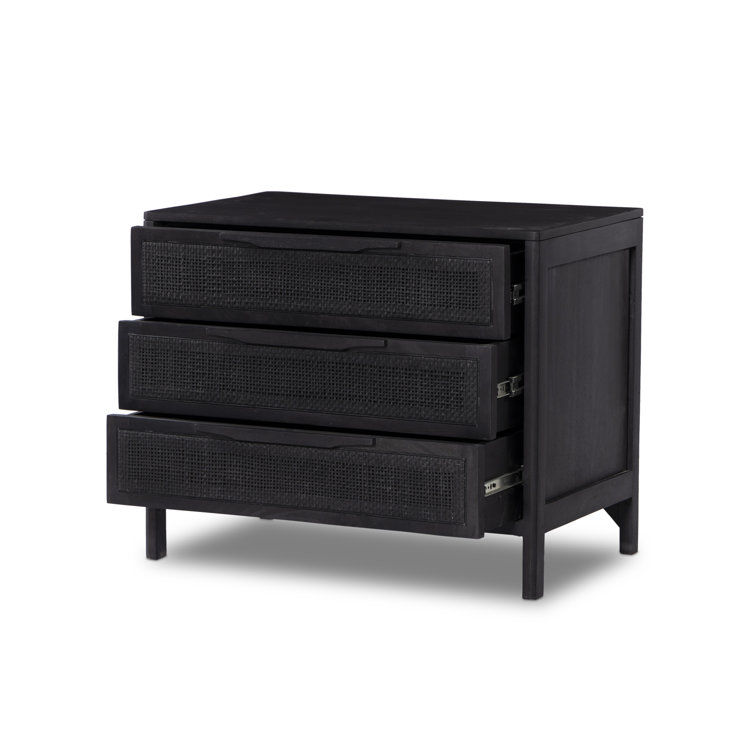 Black Mango Wood and Cane 3-Drawer Nightstand