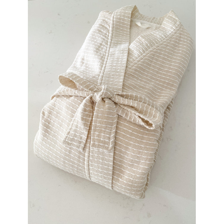 Cream Striped Cotton Blend Knee-Length Bathrobe