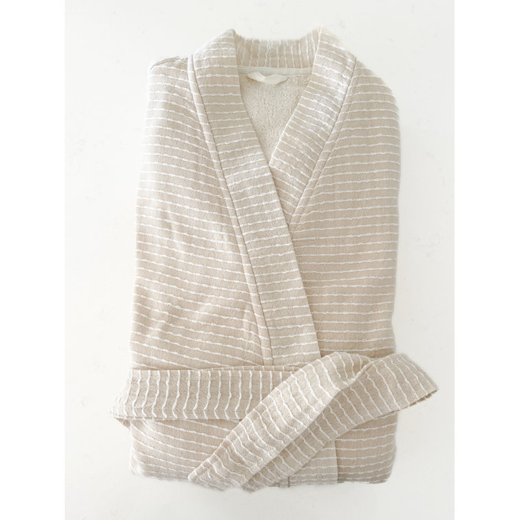 Cream Striped Cotton Blend Knee-Length Bathrobe