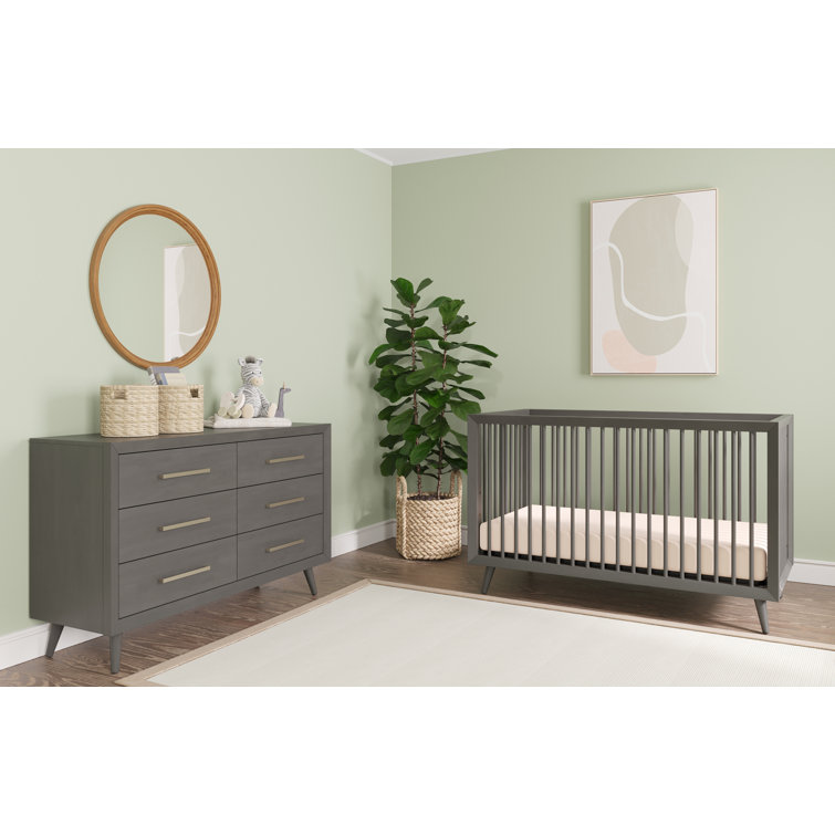 Lunar Gray Mid-Century Modern Convertible Crib and Dresser Set