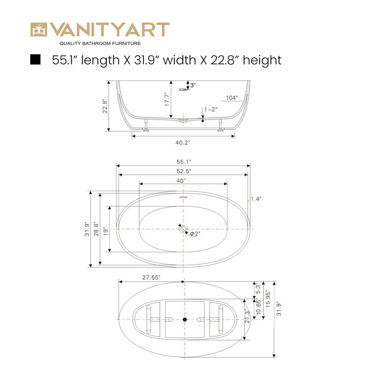 White Glossy Acrylic Freestanding Soaking Bathtub, 55.1" Length