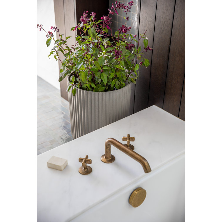 Gray and Black Fluted Planter with Acacia Wood Stand