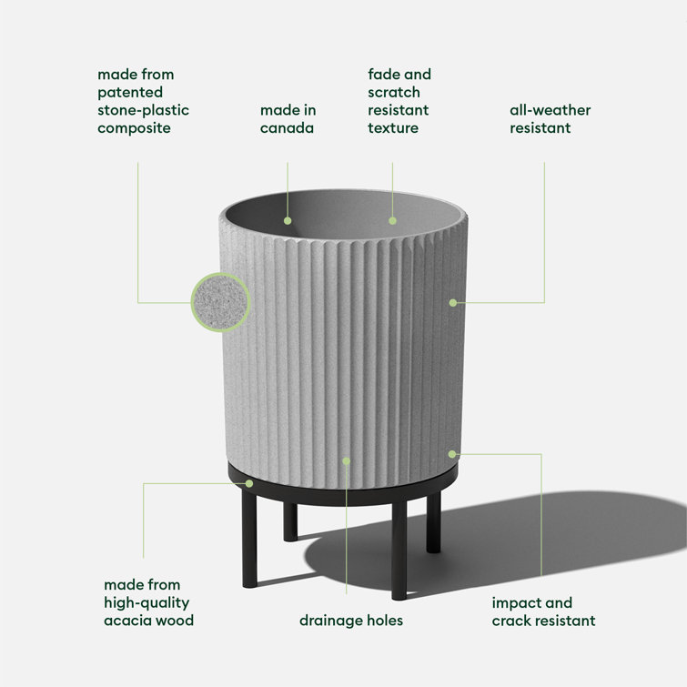 Gray and Black Fluted Planter with Acacia Wood Stand