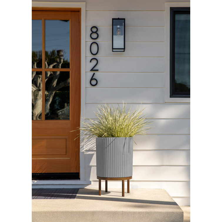 Gray Fluted Concrete-Composite Planter with Acacia Wood Stand