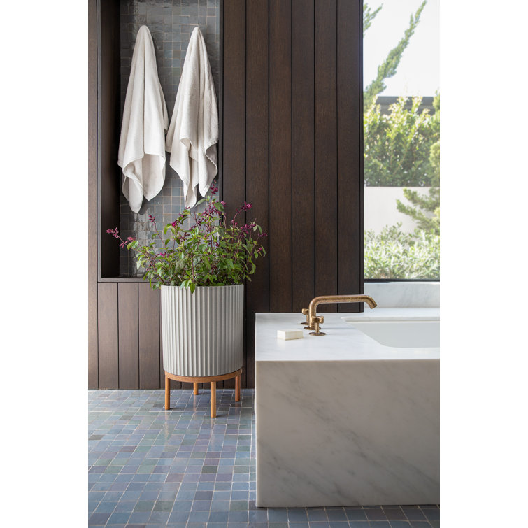 Gray Fluted Concrete-Composite Planter with Acacia Wood Stand