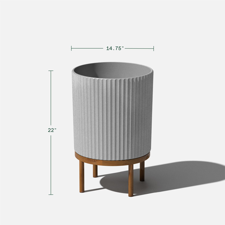 Gray Fluted Concrete-Composite Planter with Acacia Wood Stand