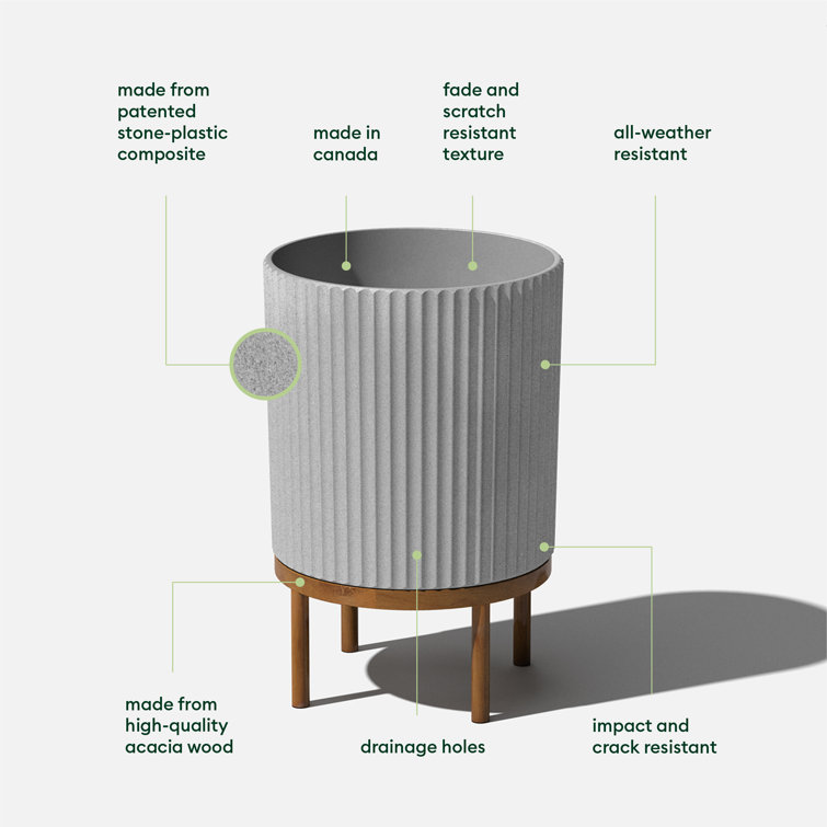 Gray Fluted Concrete-Composite Planter with Acacia Wood Stand