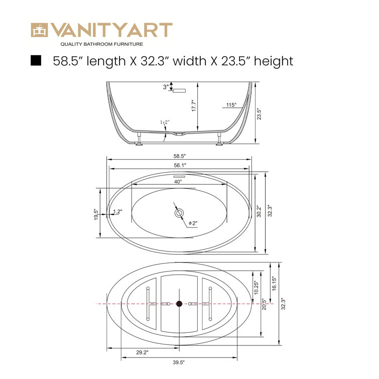 59" White Acrylic Freestanding Oval Bathtub
