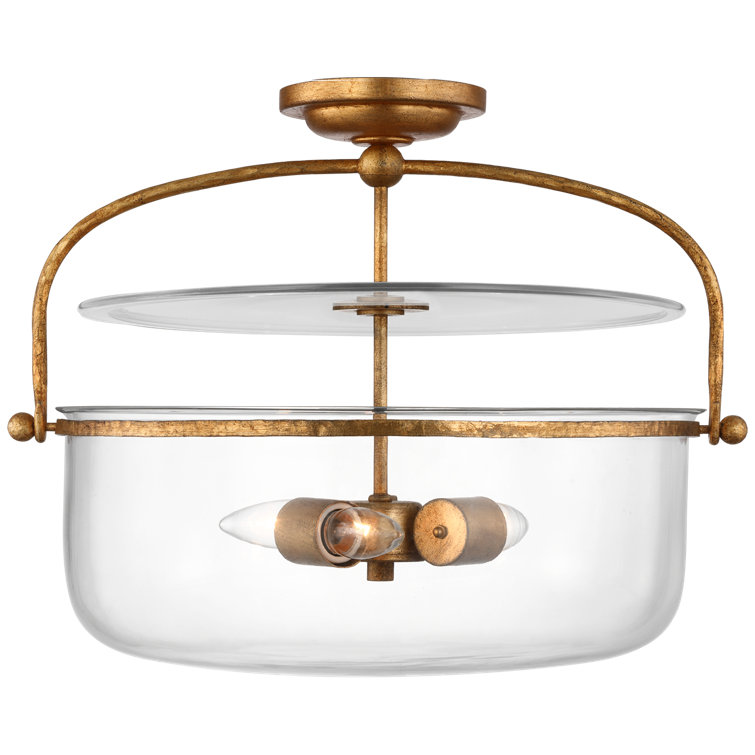 Gilded Iron and Clear Glass Drum Semi-Flush Mount Light