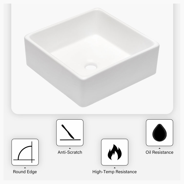 15'' White Gloss Ceramic Square Vessel Bathroom Sink