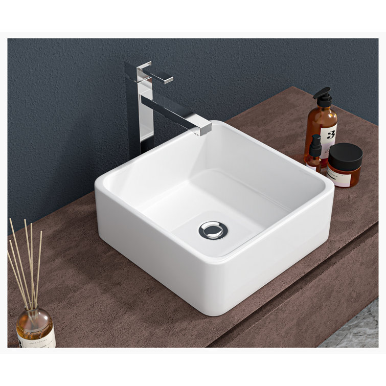 15'' White Gloss Ceramic Square Vessel Bathroom Sink