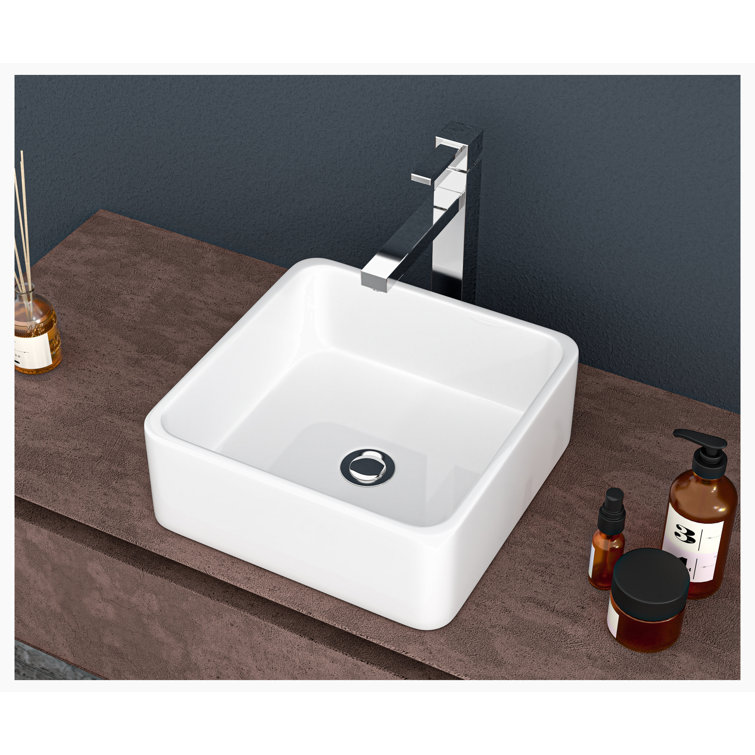 15'' White Gloss Ceramic Square Vessel Bathroom Sink