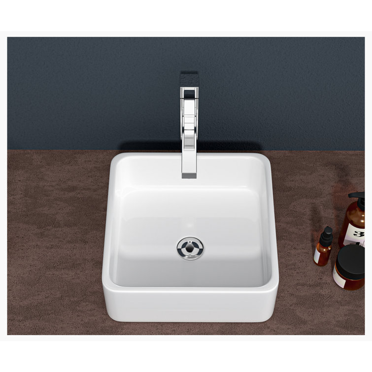 15'' White Gloss Ceramic Square Vessel Bathroom Sink