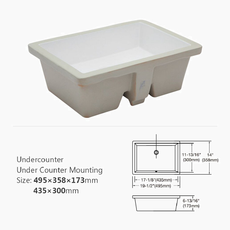 Hewei 14'' White Ceramic Rectangular Undermount Bathroom Sink