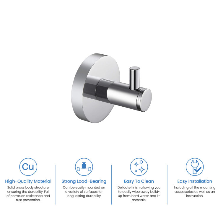 Chrome 2-Inch Solid Brass Wall Mounted Robe Hook