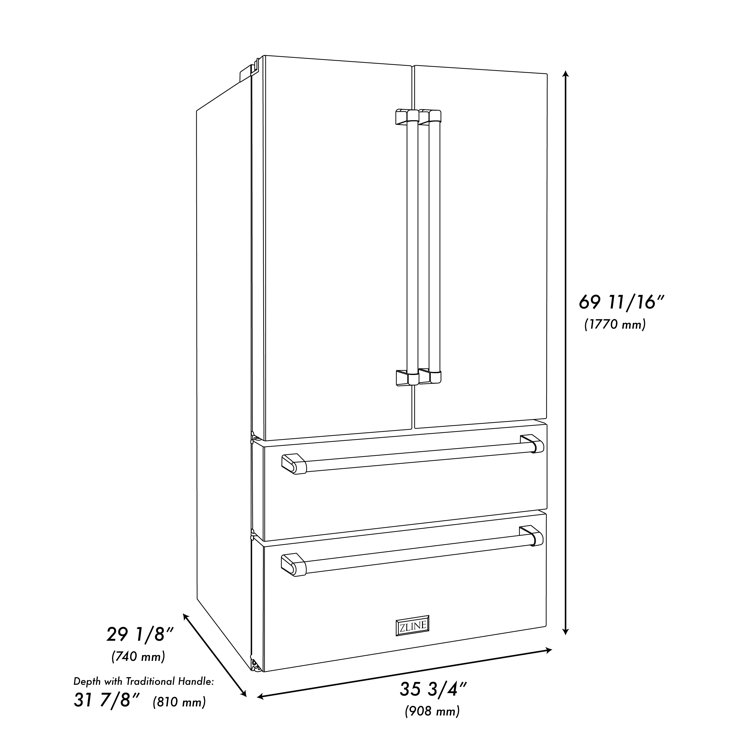 ZLINE 36" Stainless Steel French Door Refrigerator with Gold Accents
