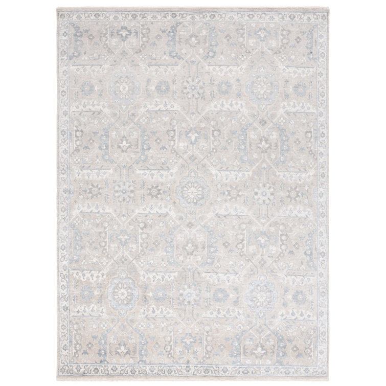 Beige and Blue Hand-Knotted Wool Viscose 8' x 10' Rug