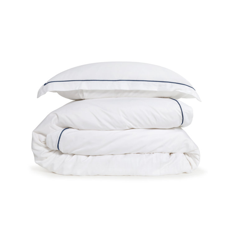Queen White and Navy Bamboo Sateen Duvet Cover Set