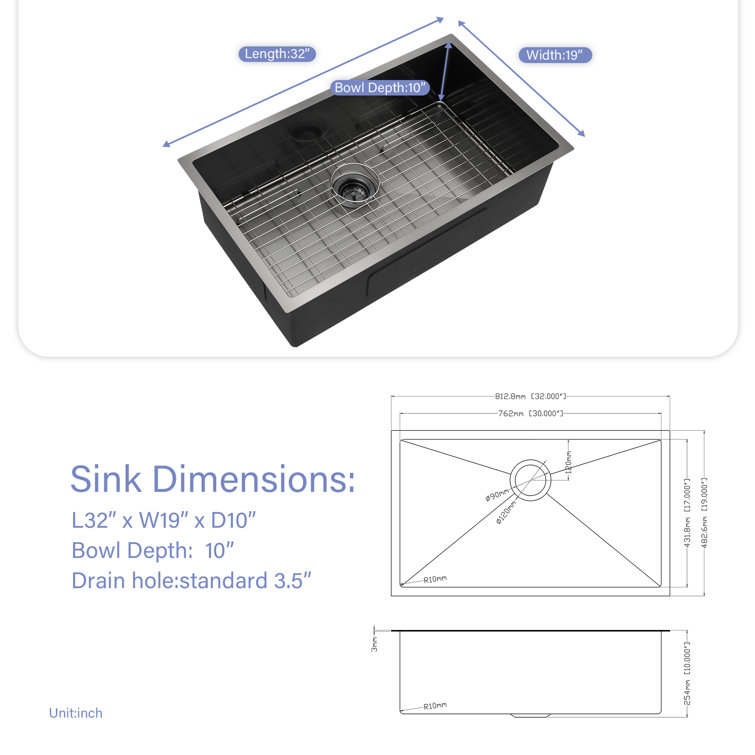32'' Gunmetal Black Stainless Steel Undermount Kitchen Sink