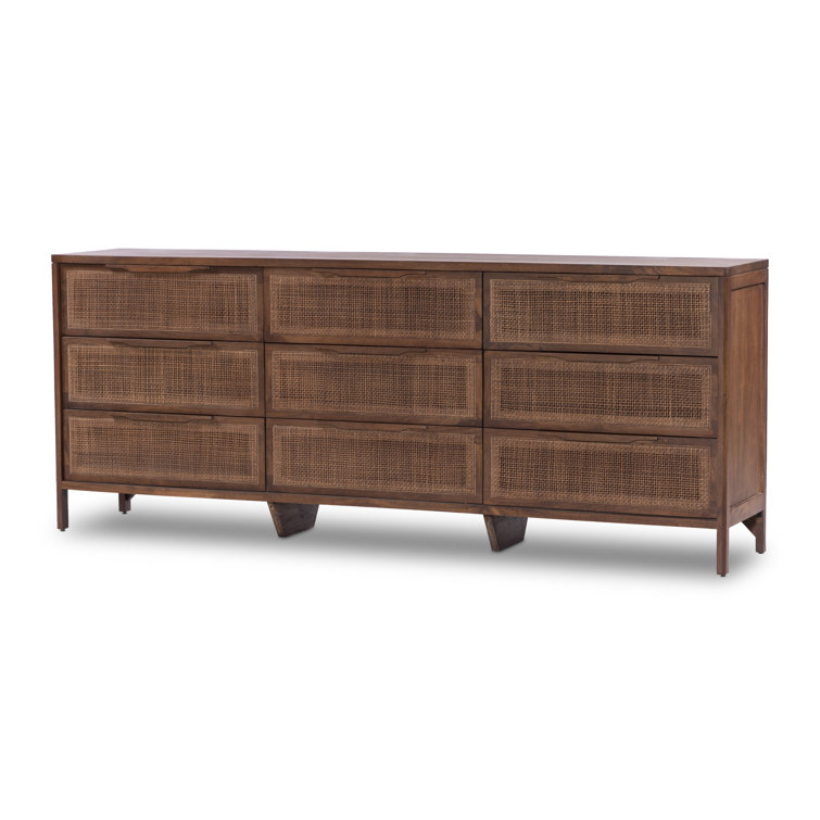 Brown Wash Coastal 9-Drawer Dresser with Cane Front