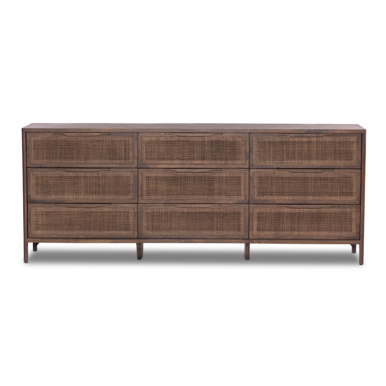 Brown Wash Coastal 9-Drawer Dresser with Cane Front