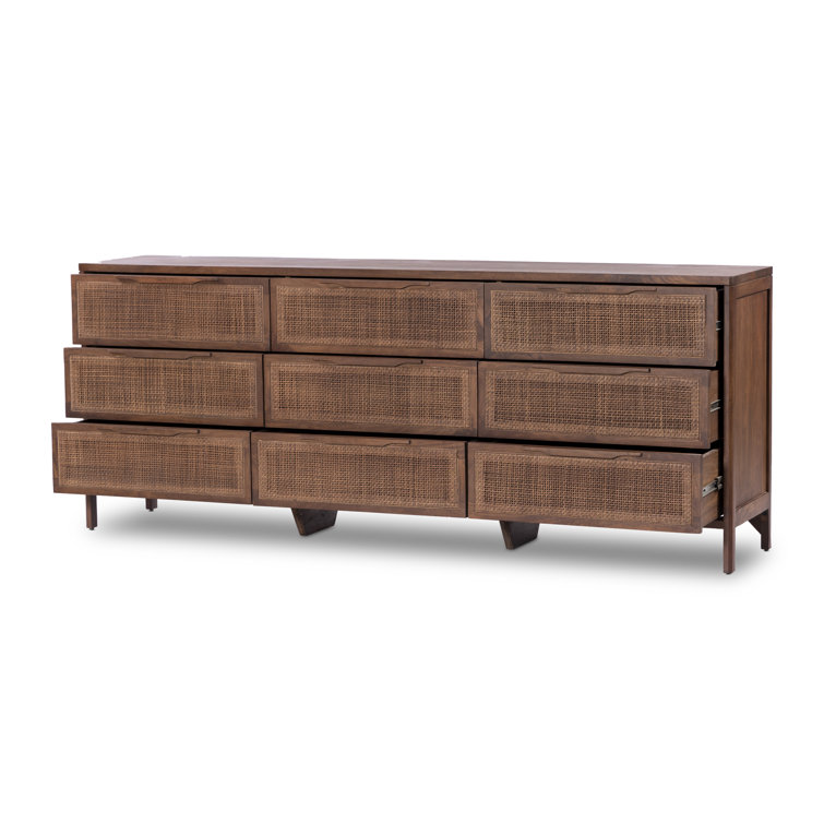 Brown Wash Coastal 9-Drawer Dresser with Cane Front