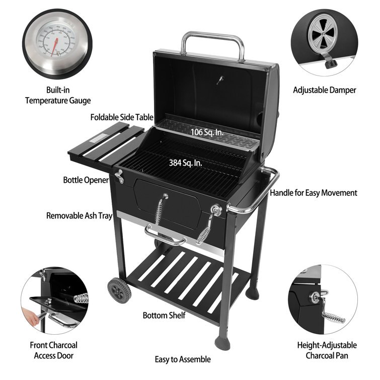 Royal Gourmet 24-Inch Black Barrel Charcoal Grill with Side Table