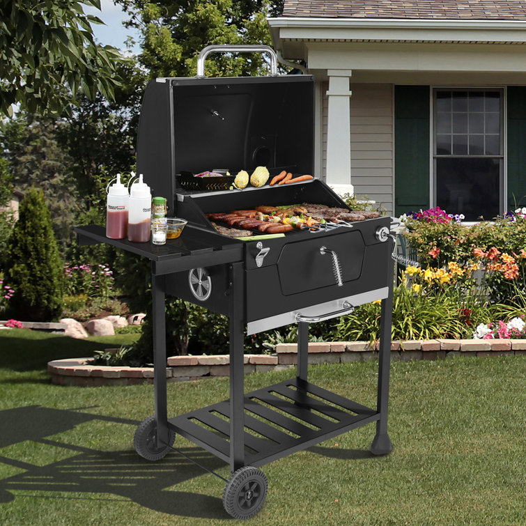 Royal Gourmet 24-Inch Black Barrel Charcoal Grill with Side Table