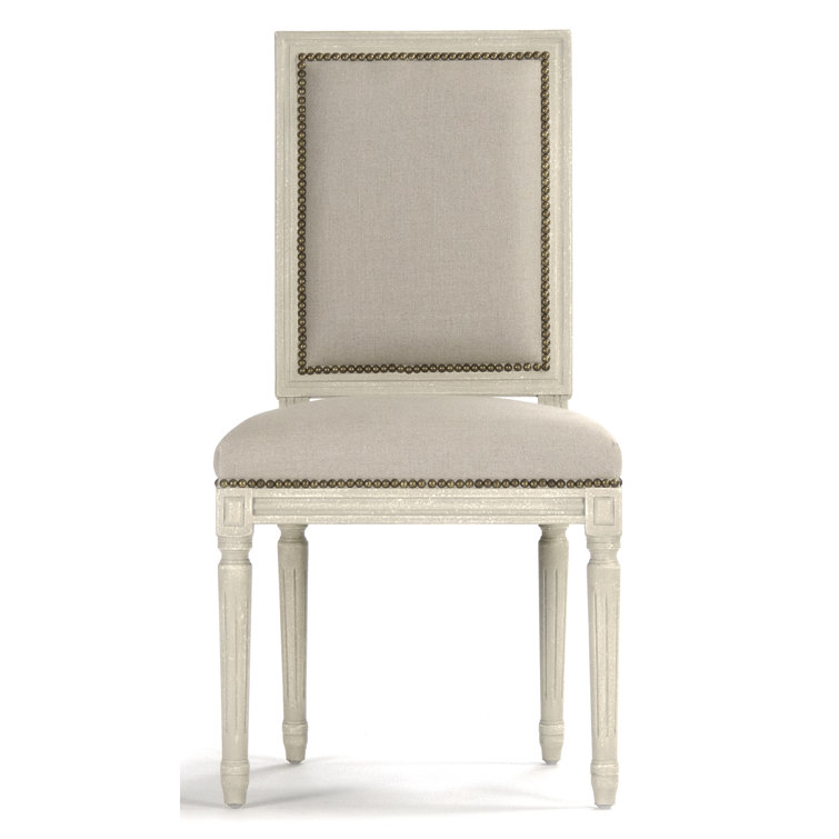 Distressed Ivory Wood Side Chair with Natural Linen and Burlap Upholstery