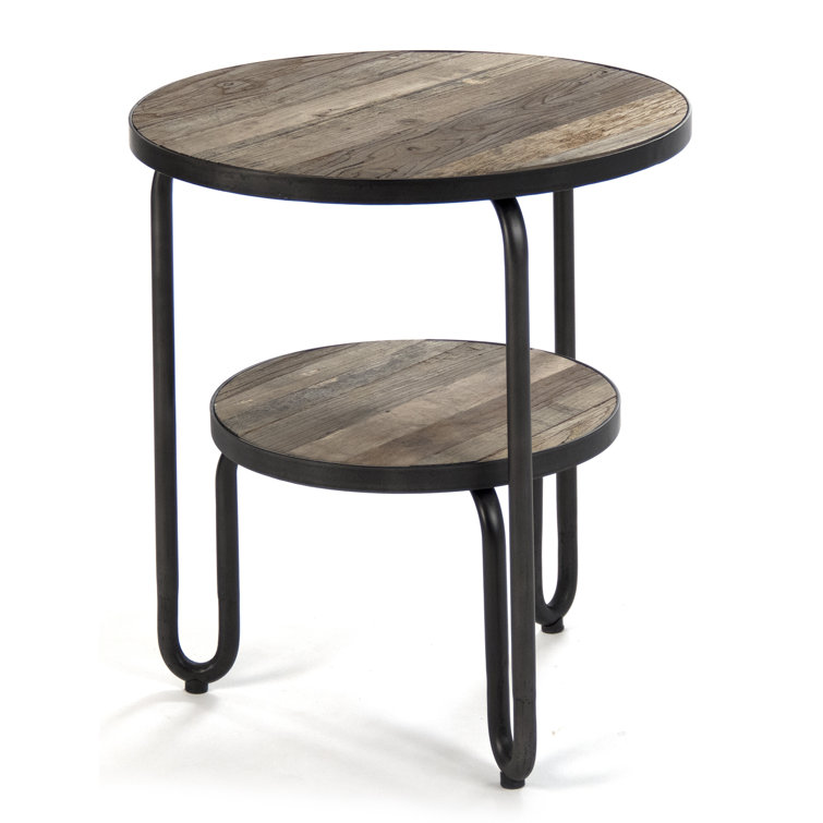 Alberta Round Natural Wood and Metal End Table with Storage Shelf