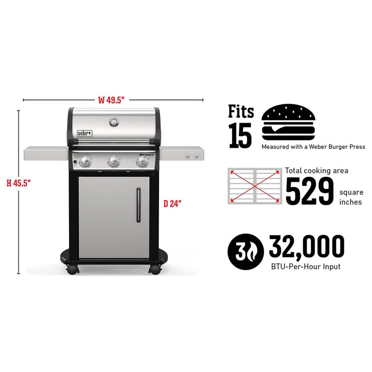 Stainless Steel 3-Burner Propane Gas Grill with Side Shelves