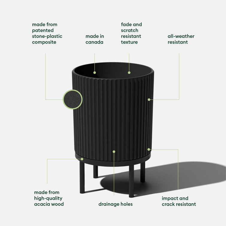 Black Fluted Concrete-Composite Planter with Acacia Wood Stand