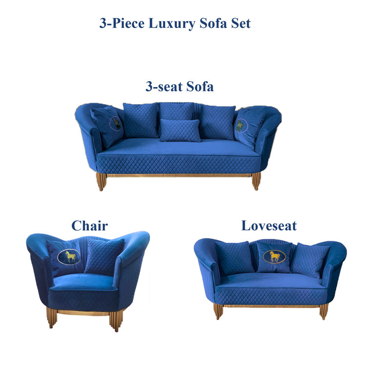 Blue Velvet Living Room Set with Gold Metal Legs