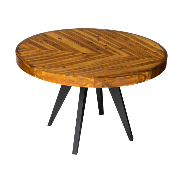Rustic Acacia Wood Parquet Round Dining Table with Black Legs