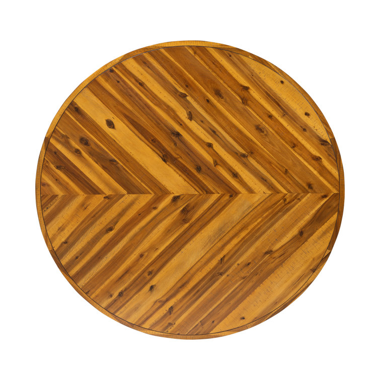 Rustic Acacia Wood Parquet Round Dining Table with Black Legs