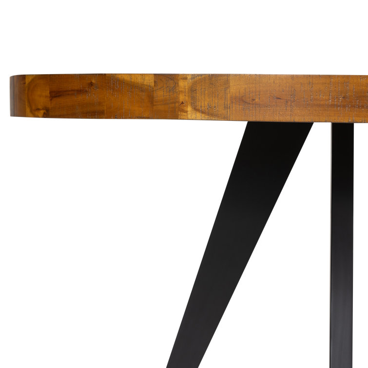 Rustic Acacia Wood Parquet Round Dining Table with Black Legs