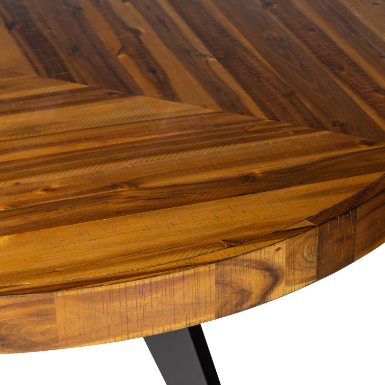 Rustic Acacia Wood Parquet Round Dining Table with Black Legs